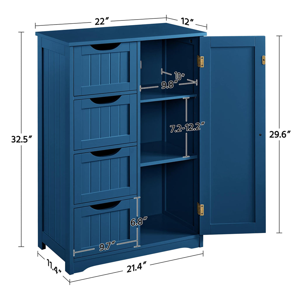 Yaheetech Wooden Bathroom Floor Cabinet, Side Storage Organizer Cabinet With 4 Drawers And 1 Cupboard, Freestanding Entryway Storage Unit Console Table, Bathroom Furniture Home Decor, Navy Blue