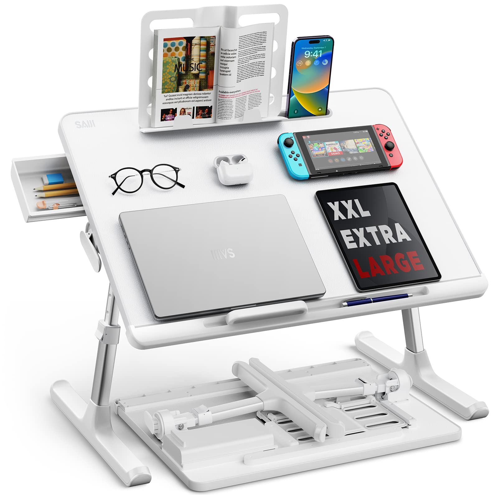 Laptop Bed Tray Table, Saiji Adjustable Bed Desk For Laptop, Foldable Laptop Stand With Storage Drawer For Eating, Working, Writ