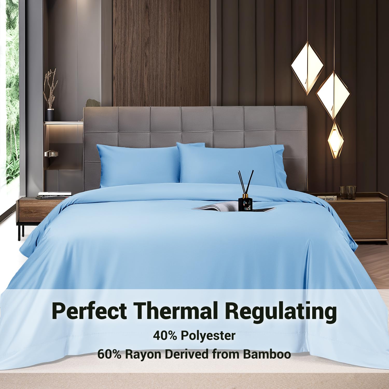 Shilucheng 4 Piece King Sheet Sets, Cooling Sheets, Blend Rayon Derived From Bamboo, Deep Pocket Up To 16', Breathable & Soft Bed Sheets, Hotel Silky Bedding Set, Lake Blue