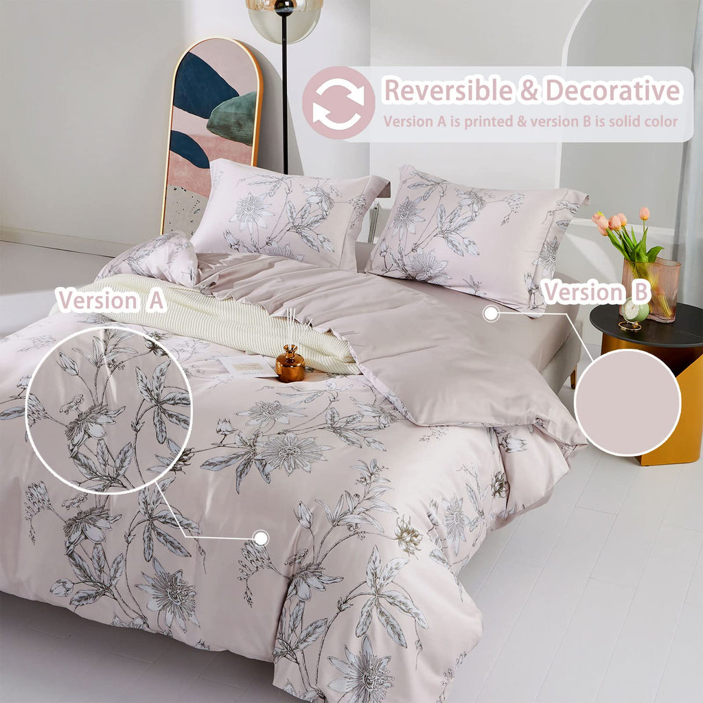 Mildly 100% Long-Staple Cotton Duvet Cover Set Light Pink Elegant Floral Pattern Printed Comforter Cover 3Pcs, Ultra Soft & Brea