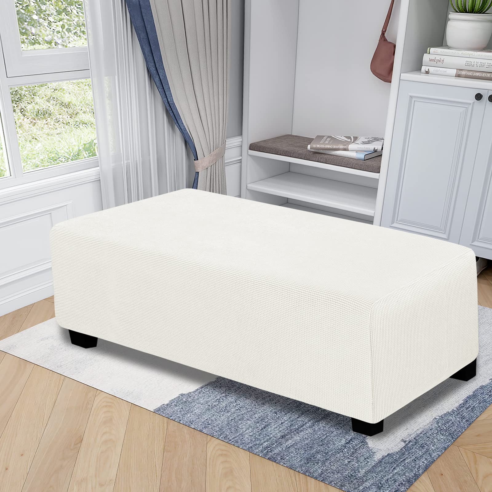 Easy-Going Stretch Ottoman Cover Folding Storage Stool Furniture Protector Soft Rectangle Slipcover With Elastic Bottom (Ottoman Xx-Large,Cream)