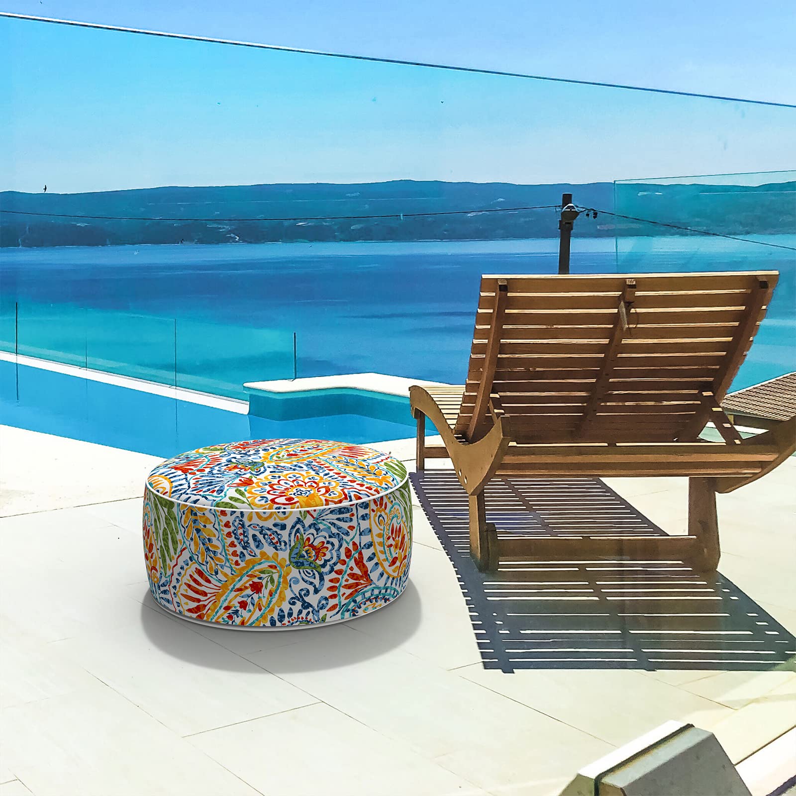 Lvtxiii Indoor/Outdoor Inflatable Ottoman, All Weather Round Footrest Stool D21”X H9”, Portable For Patio Garden Camping Or Home-Paisley Ummi Multi