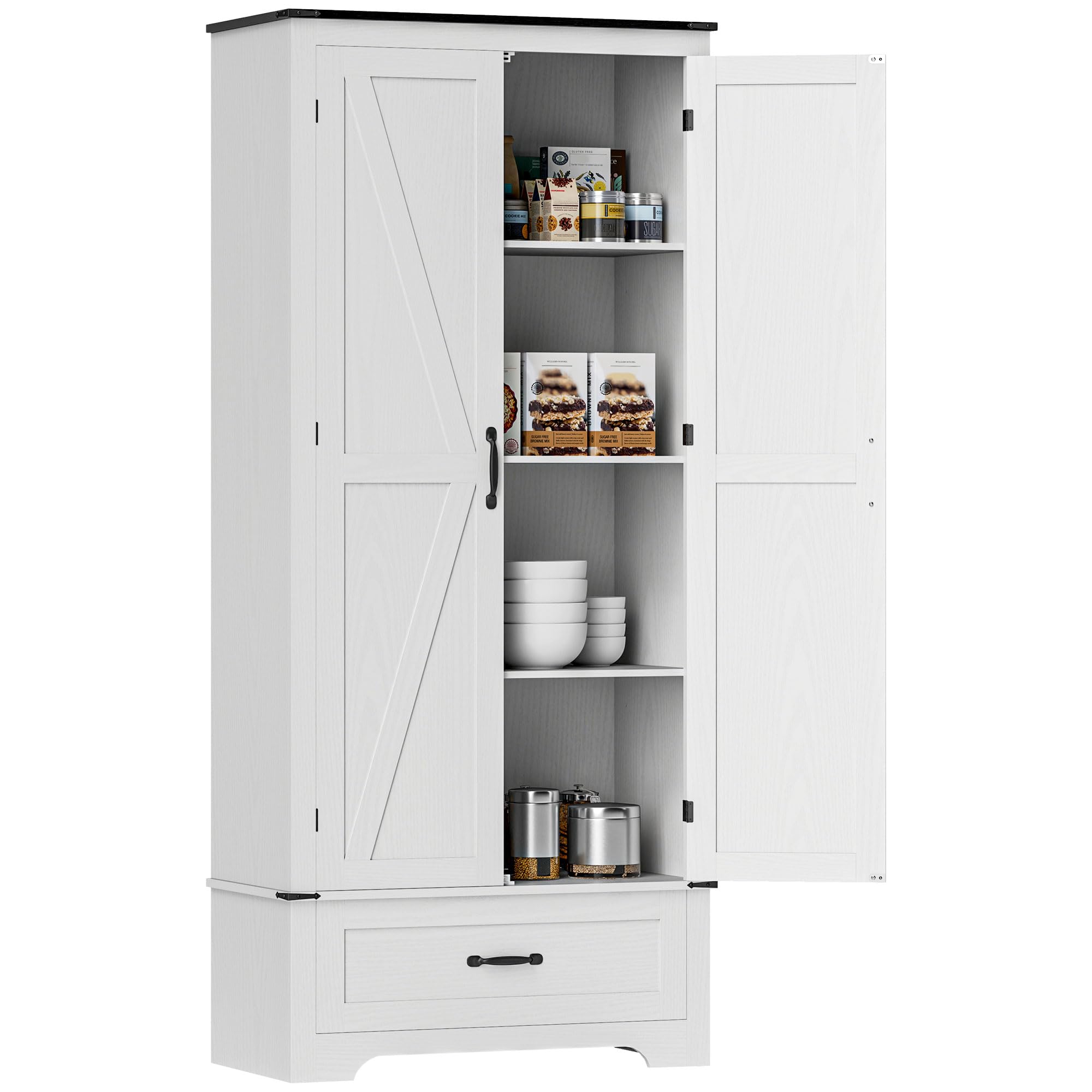 HOMCOM 72 Tall Farmhouse Kitchen Pantry Cabinet - Kitchen Storage Cabinet with Adjustable Shelves & 2 Barn Doors & Drawer, Versa