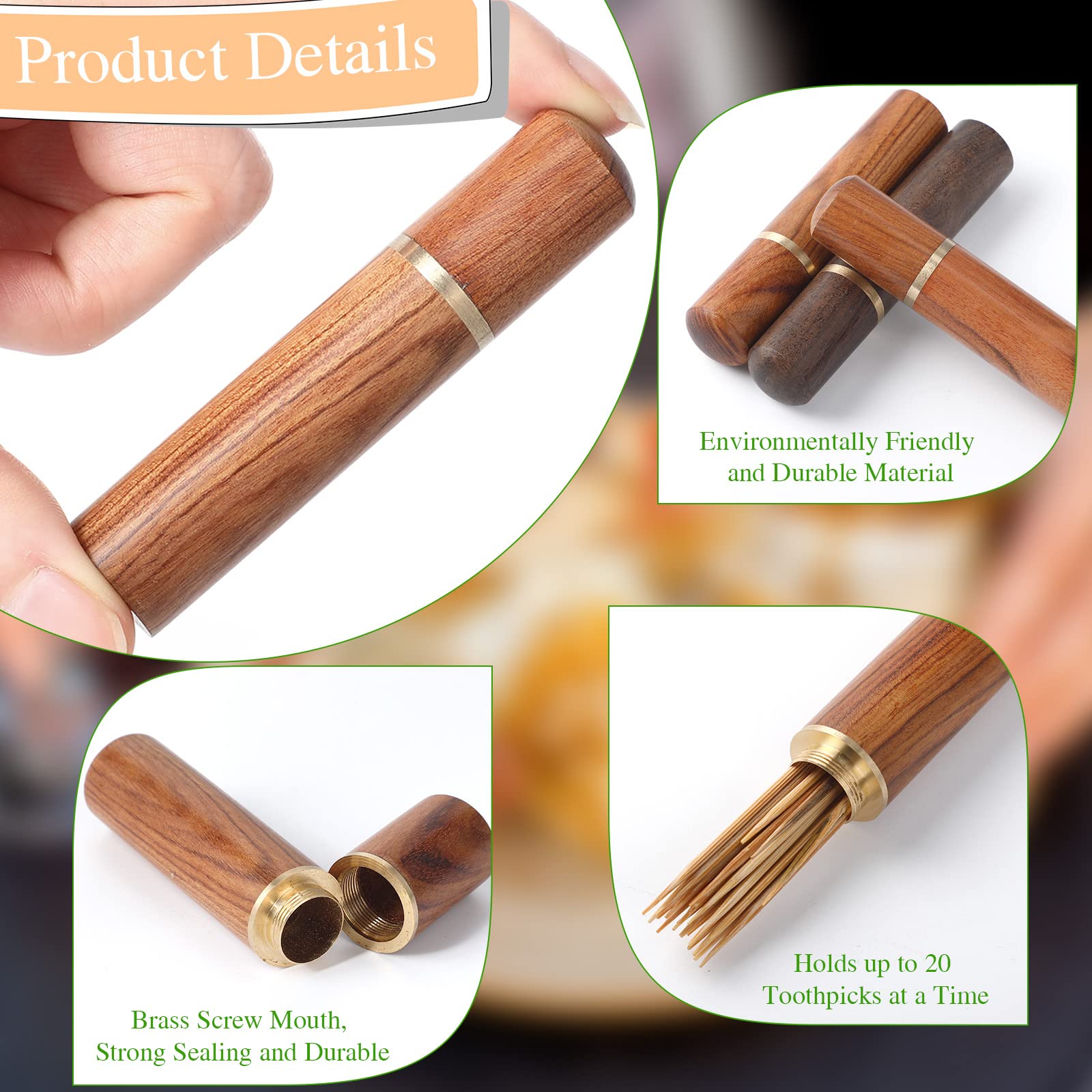 Honeydak Portable Wood Toothpick Holder - 10 Pieces Mini Pocket Case, Light Black & Light Brown, Travel Dispenser for Men & Women