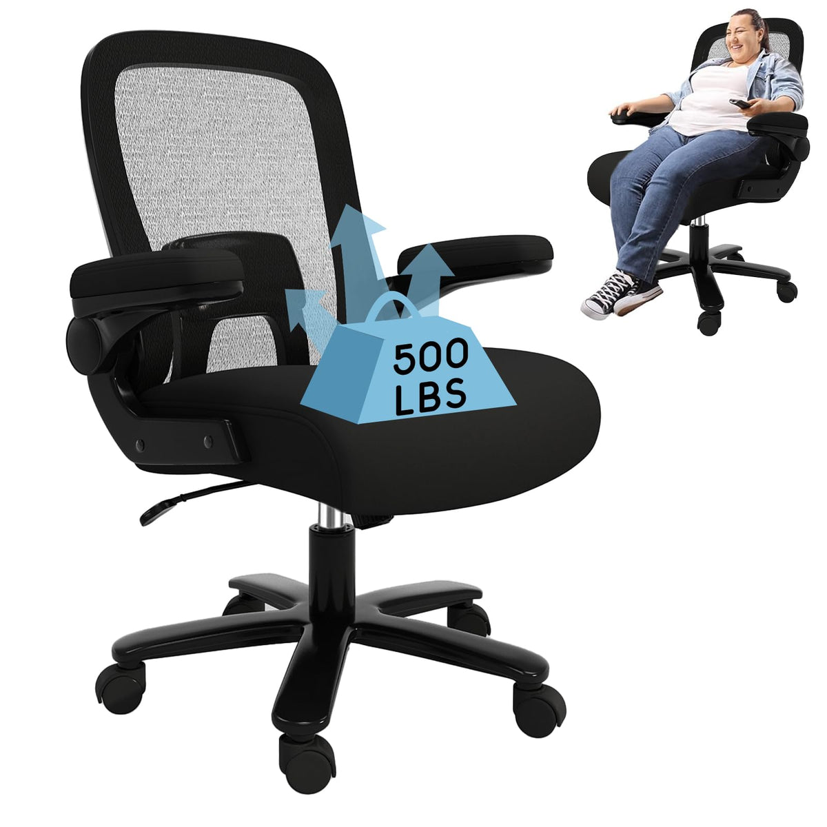 Ollega Big And Tall Office Chair 500 Lbs, Ergonomic Office Chair With Adjustable Lumbar Support, Heavy Duty Mesh Desk Chair Wide Seat, Black Oversized Computer Chairs For Heavy People