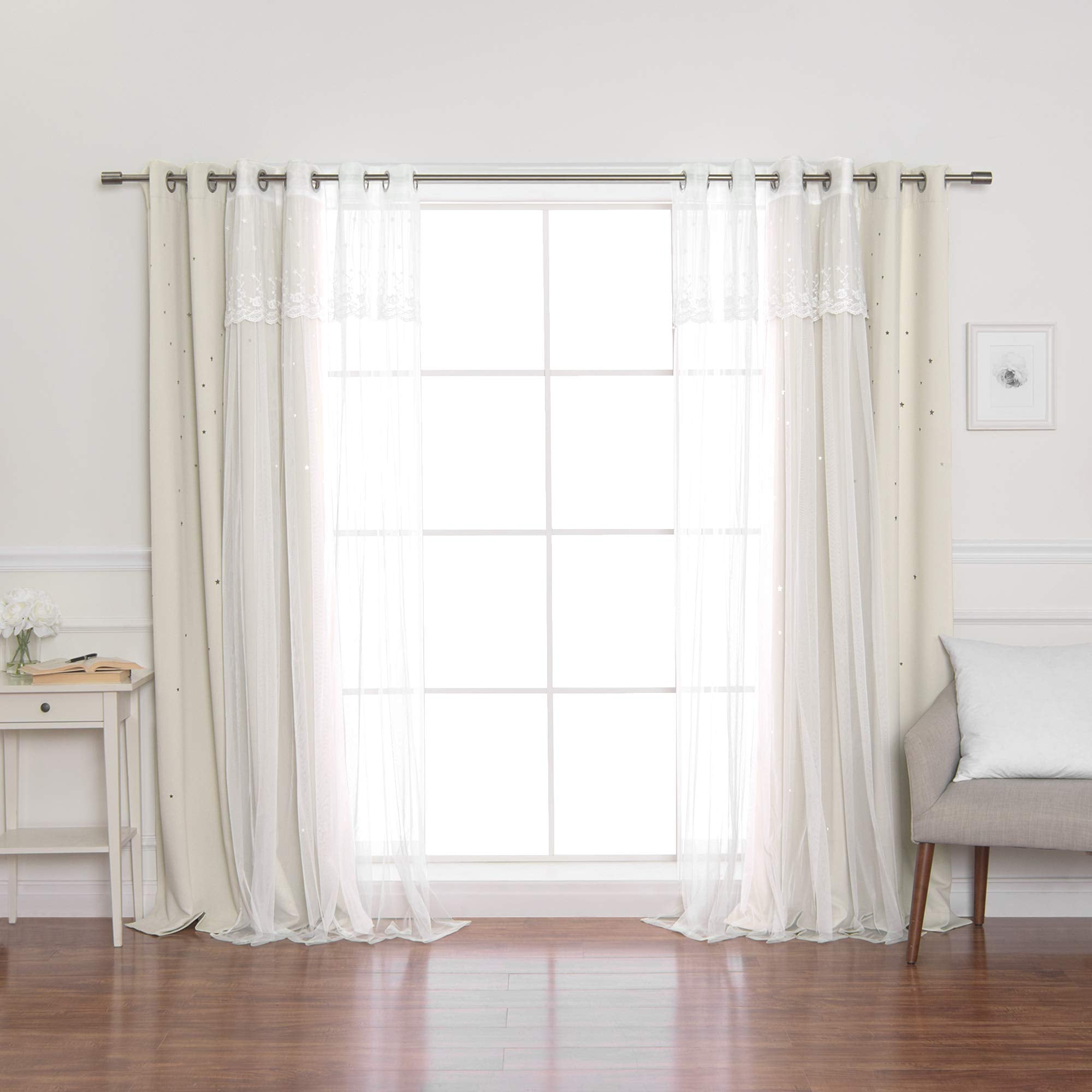 Best Home Fashion Tulle Overlay Star Cut Out Blackout Curtains (52' W X 84' L, Mm Biscuit)