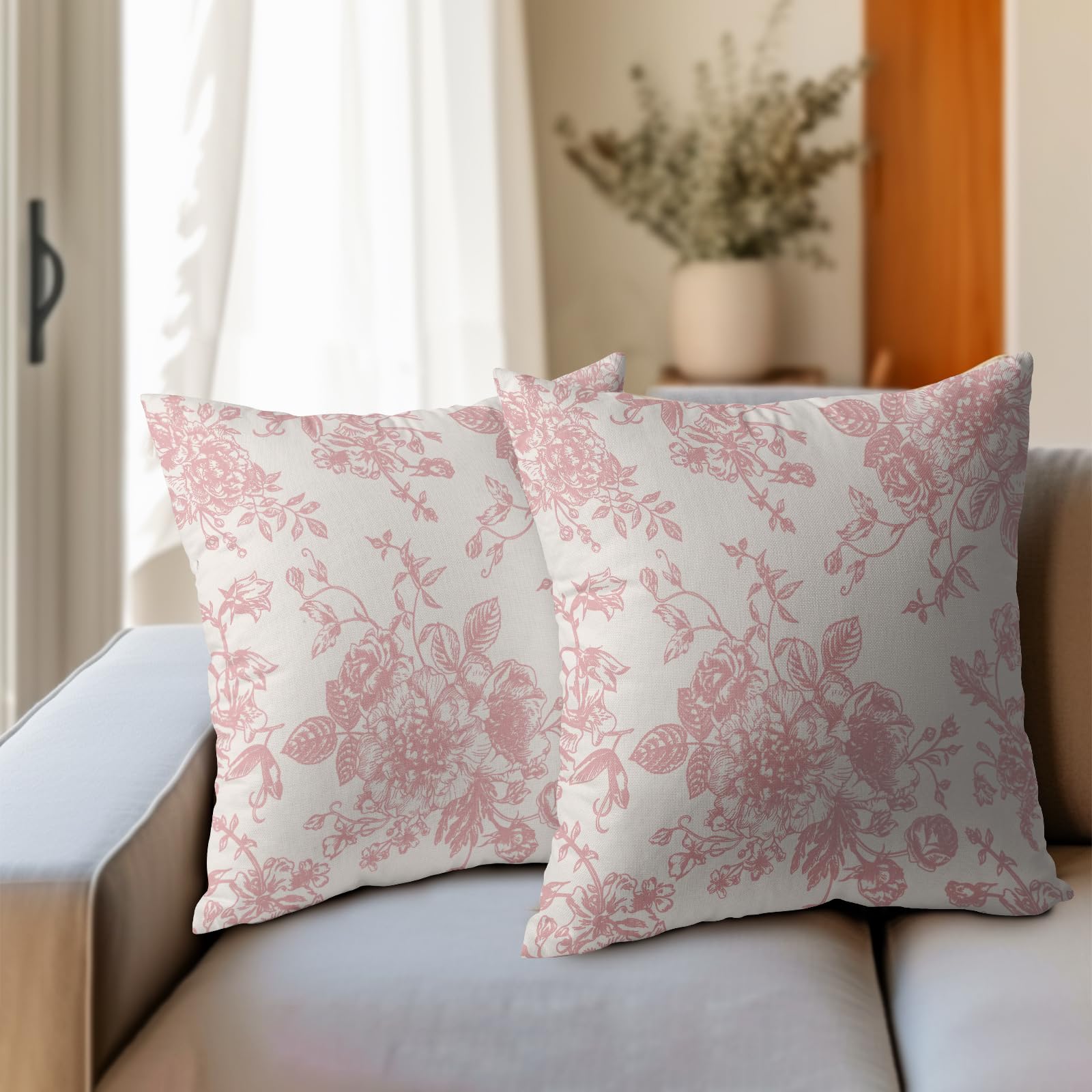 Kawani Pink And Cream Floral Pillow Covers 18X18 Inch Set Of 2 Vintage Throw Chinoiserie Flower Pillowcases Farmhouse Cotton Lin