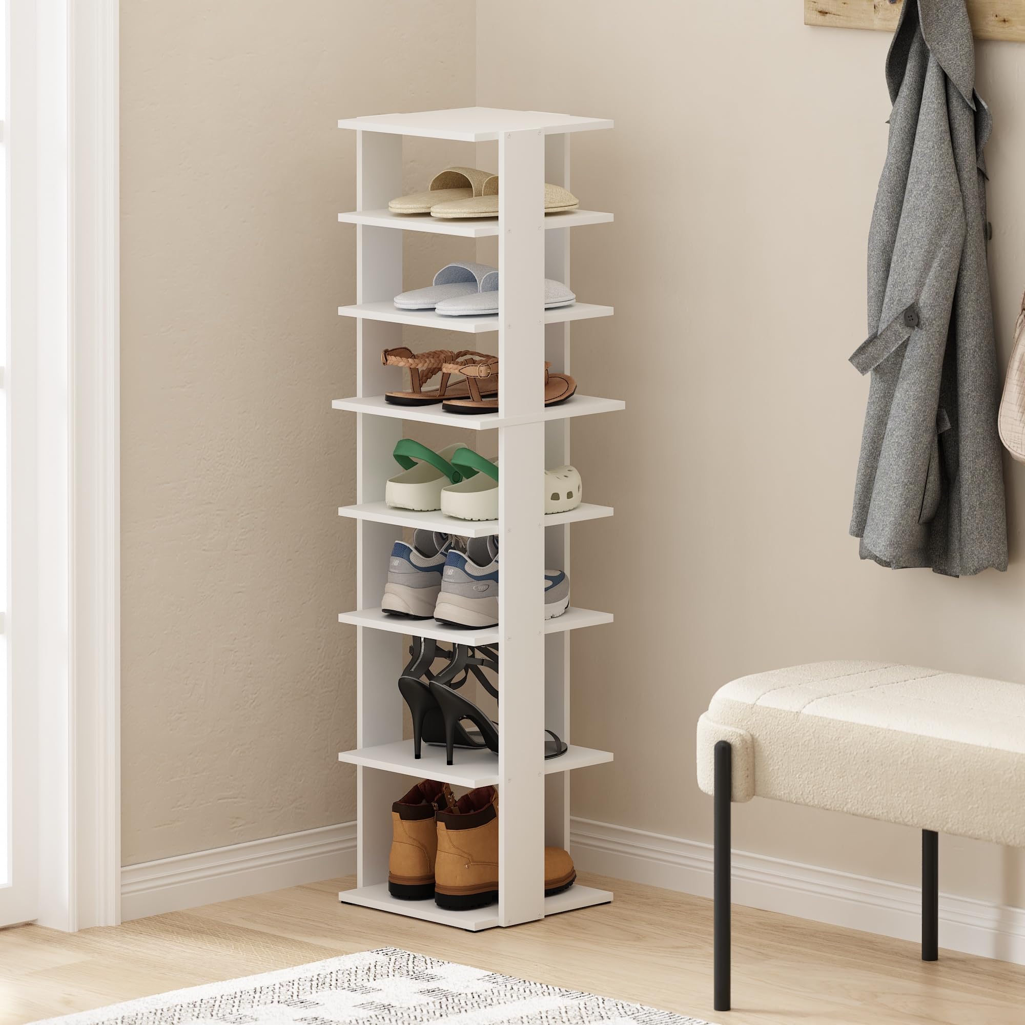 Furinno Compact 8-Tier Vertical Space Saving Free Standing Shoe Tower, Shoe Rack for Closet Entryway, White