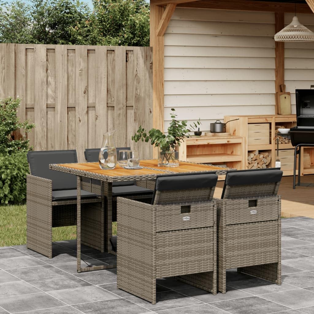 vidaXL Patio Dining Set - 5 Piece Garden Furniture with Cushions - PE Rattan 4 Garden Chairs 1 Acacia Wood Table - Gray
