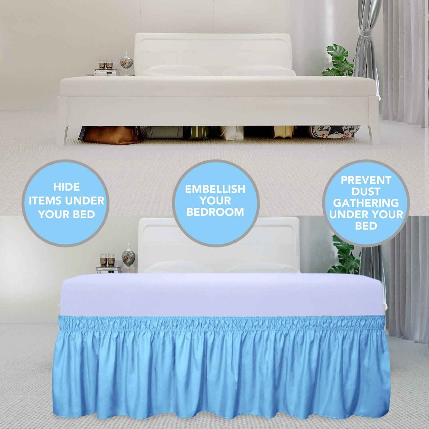 Purefit Wrap Around Ruffled Bed Skirt With Adjustable Elastic Belt - 22 Inch Drop Easy To Put On, Wrinkle Free Bedskirt Dust Ruffles, Bed Frame Cover For Twin,Twin Xl And Full Size Beds, Light Blue