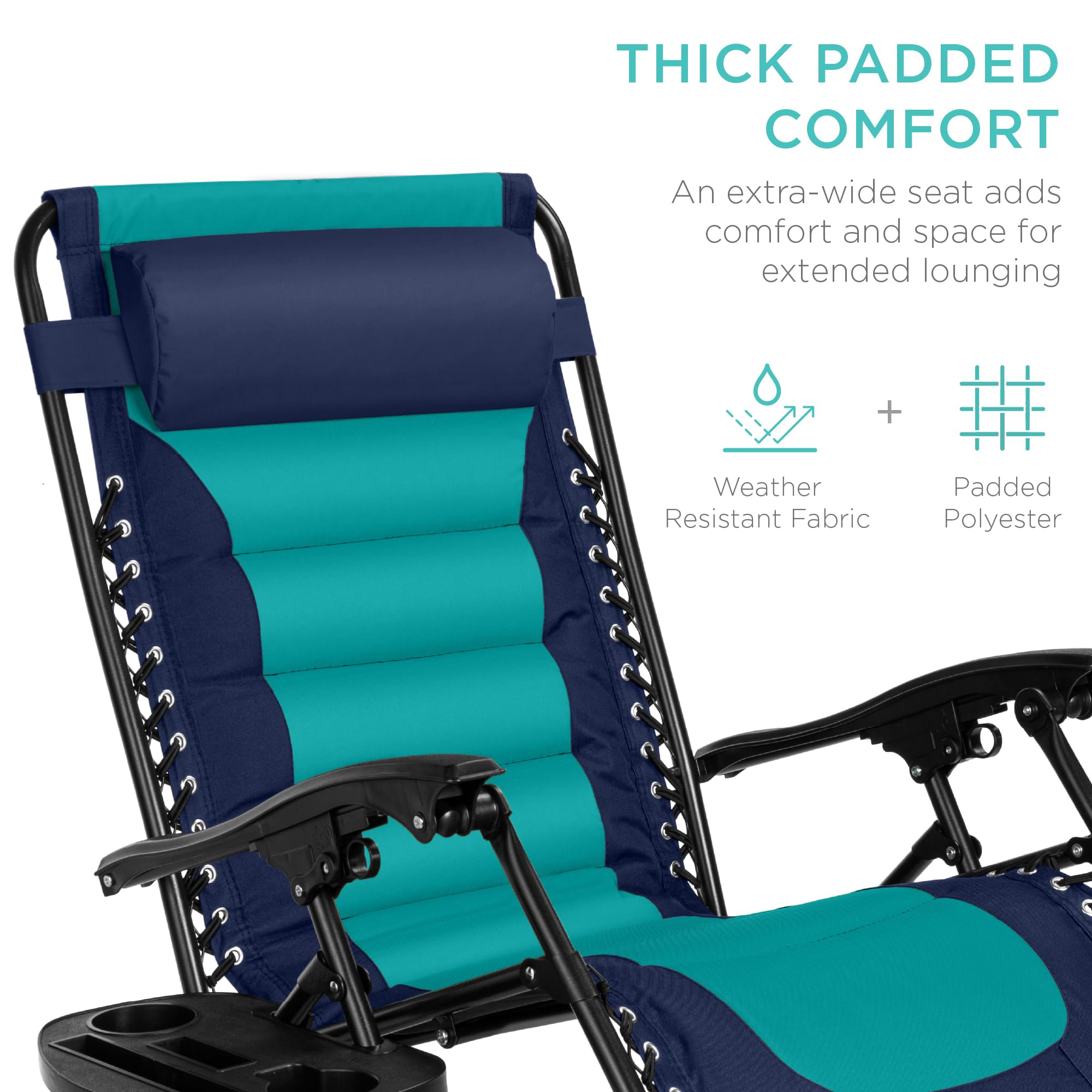 Best Choice Products Oversized Padded Zero Gravity Chair, Folding Outdoor Patio Recliner, Xl Anti Gravity Lounger For Backyard W/Headrest, Cup Holder, Side Tray, Polyester Mesh - Navy/Teal