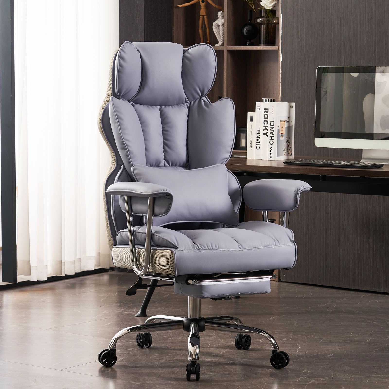 Efomao Big And Tall Office Chair 400Lbs, High Back Office Chair For Heavy People, Executive Office Chair With Foot Rest, Home Office Chair, Purple Office Desk Chair