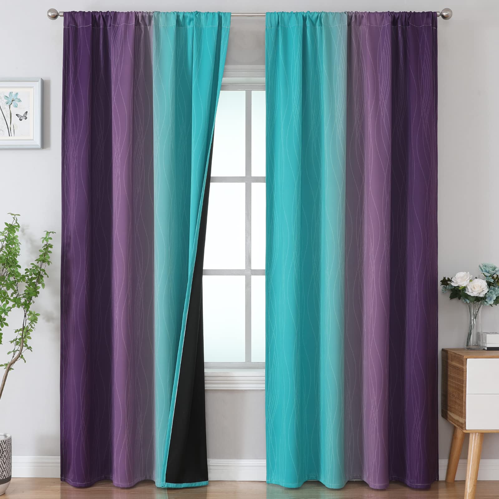 Estelar Textiler Teal And Purple Blackout Curtains 96 Inches Long, Full Room Darkening Rod Pocket Ombre Curtains For Bedroom, Th