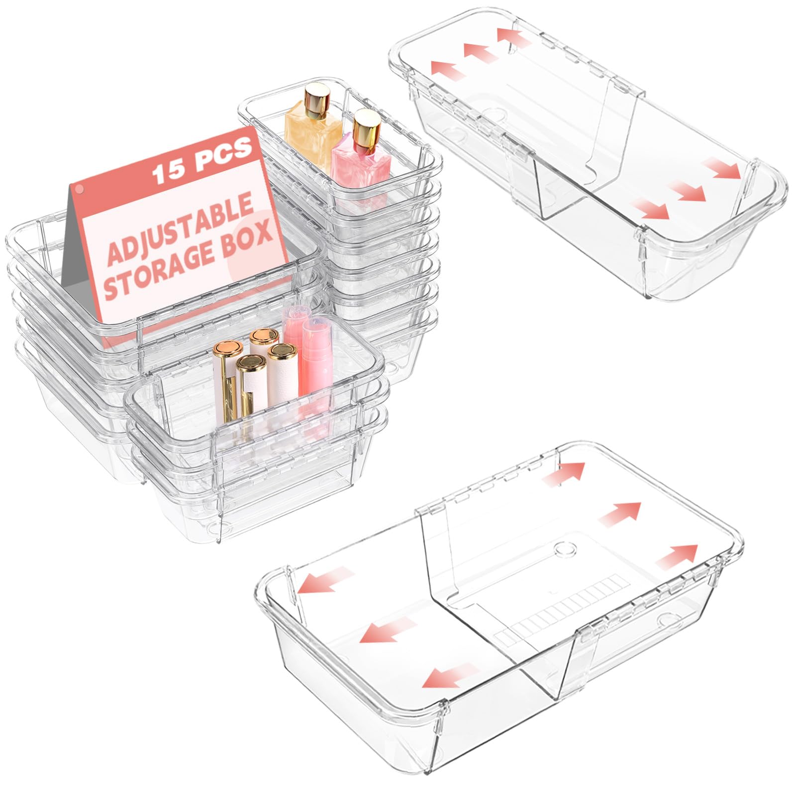 15 Pcs Extendable Clear Drawer Organizer, All Adjustable Vanity Storage Box, 2-Size Desk Drawer Organizer, Acrylic Storage Bins