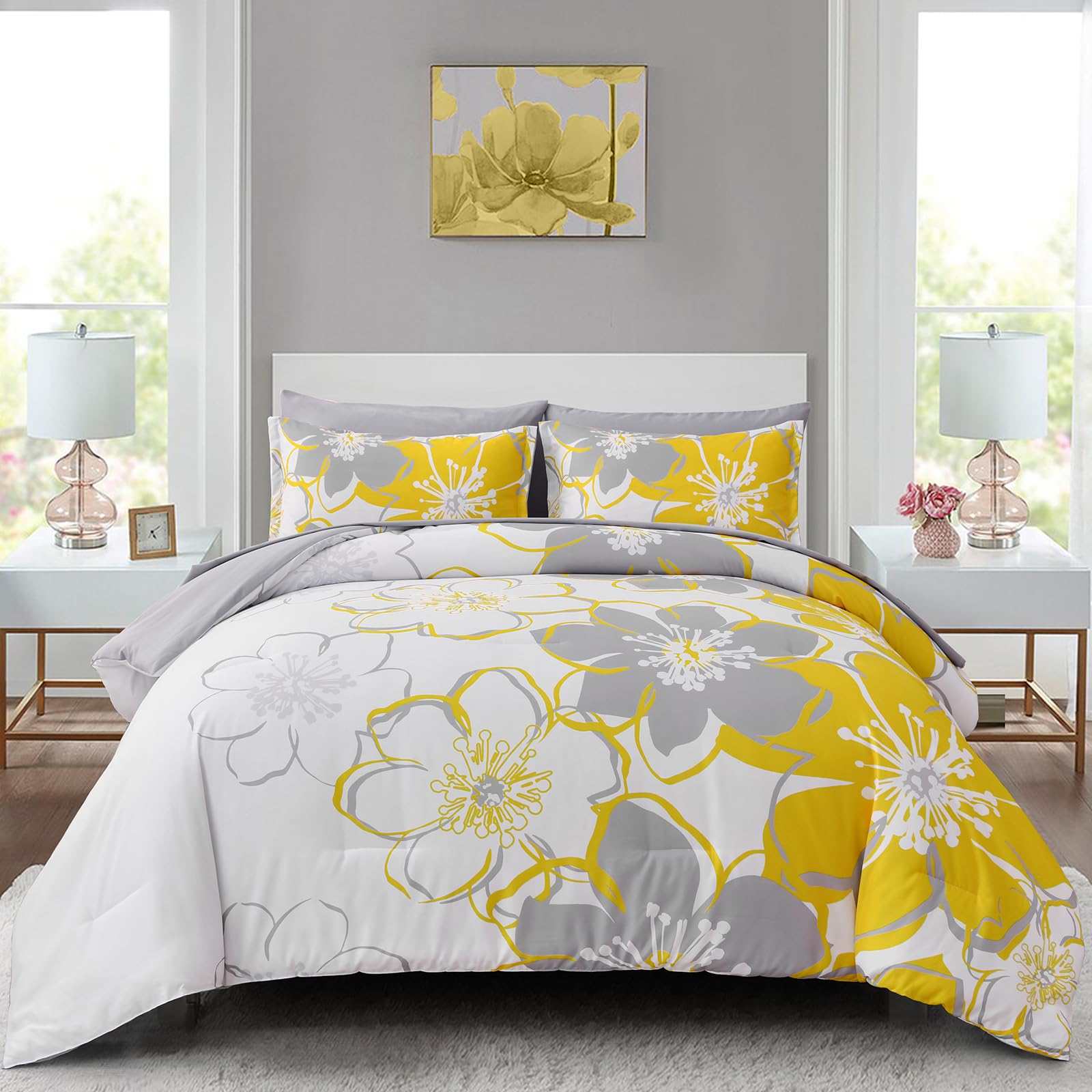 7 Pieces Yellow Floral Comforter Set Queen Size, Reversible Bed In A Bag With Sheets Set All Season, Soft Microfiber Flower Patt