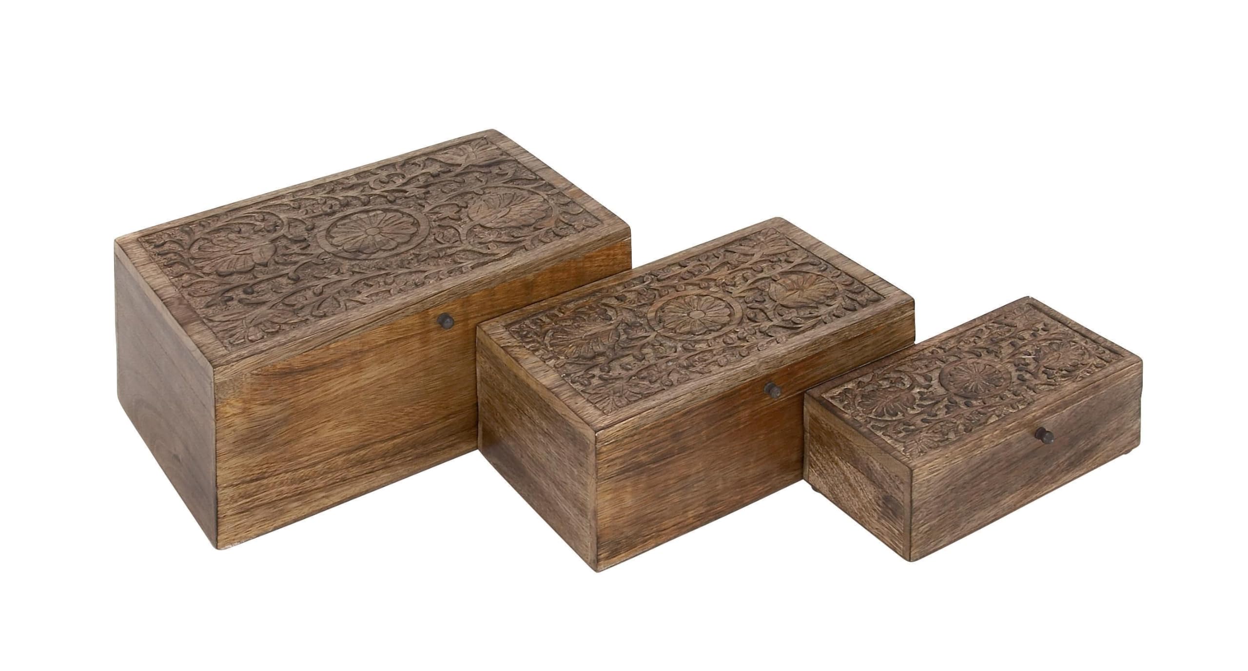 Deco 79 Mango Wood Floral Handmade Decorative Box Decorative Keepsake Boxes with Hinged Lid, Set of 3 Storage Boxes 8, 10, 12W, 