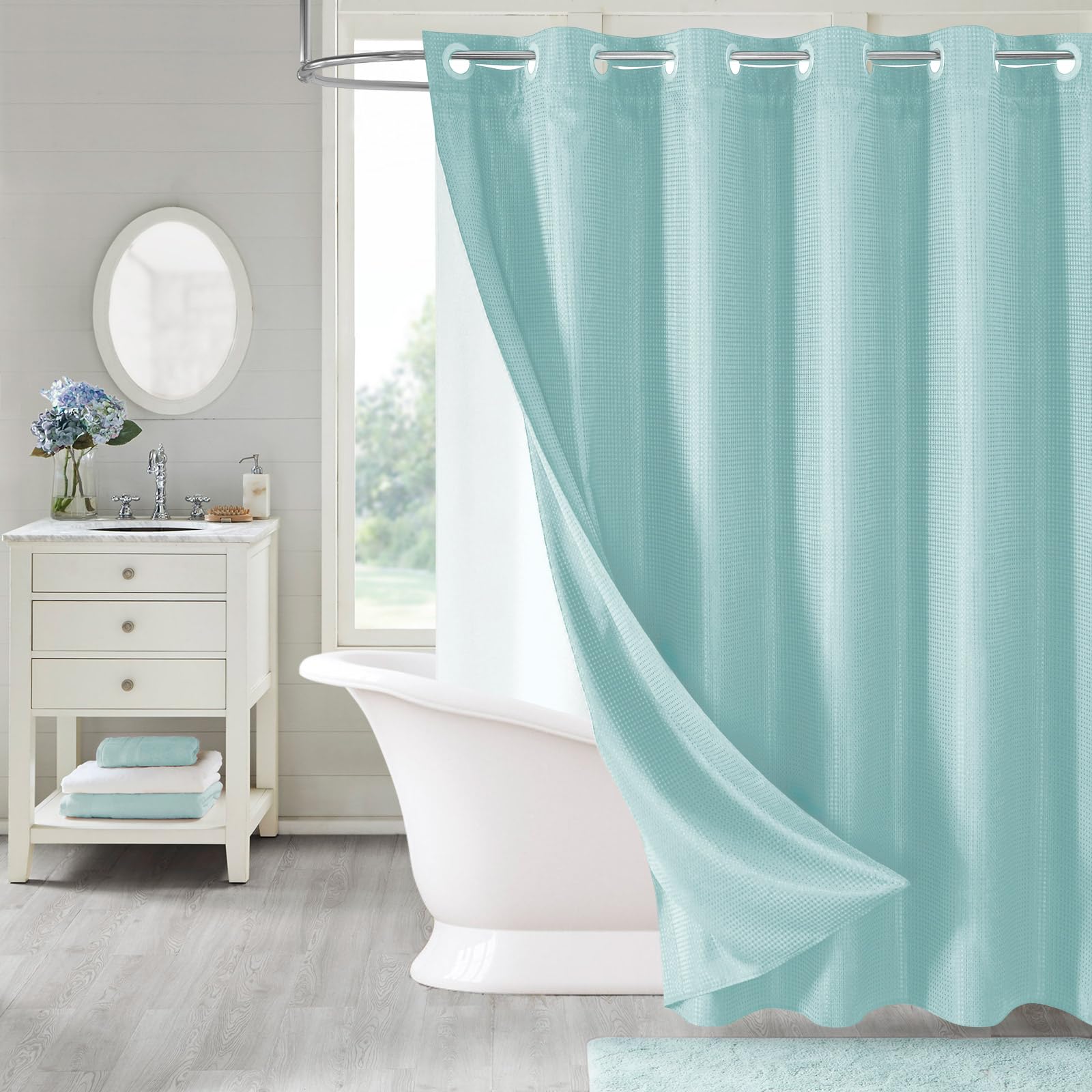MitoVilla Teal No Hooks Needed Waffle Shower Curtain with Snap-in Liner, Turquoise Modern Waffle Weave Heavy Fabric Cloth Shower