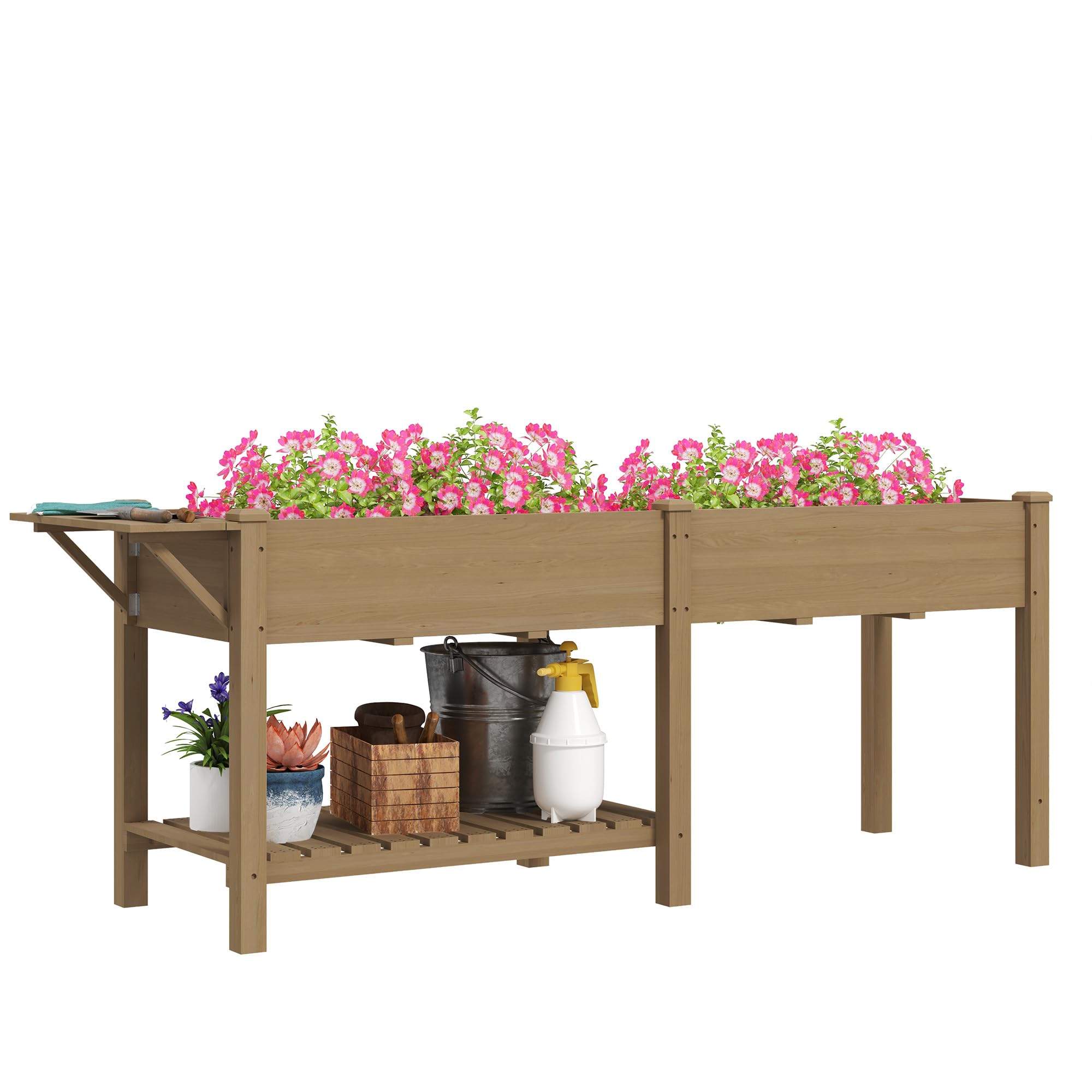 Outsunny Raised Garden Bed, Wood Elevated Planter Box With Side Table, Bottom Shelf, Outdoor Raised Planter With Bed Liners, Dra