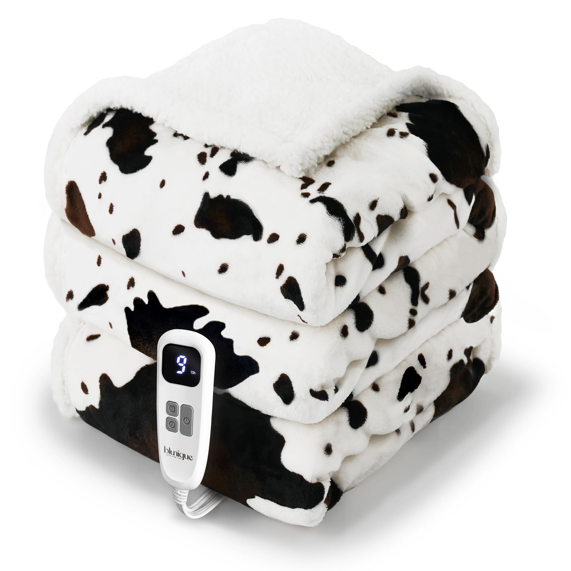 blunique Cow Print Heated Blanket Full-Heating Electric Blanket Full with 10 Heat Levels & 10 Hours Auto-Off, Cozy Soft Fleece S