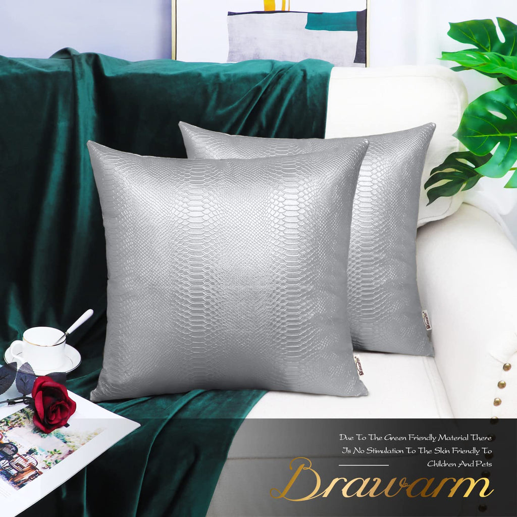 Brawarm Silver Leather Throw Pillows 16 X 16 Inches, Snake Leather Pillow Covers Pack Of 2, Faux Leather Decorative Pillow Cover
