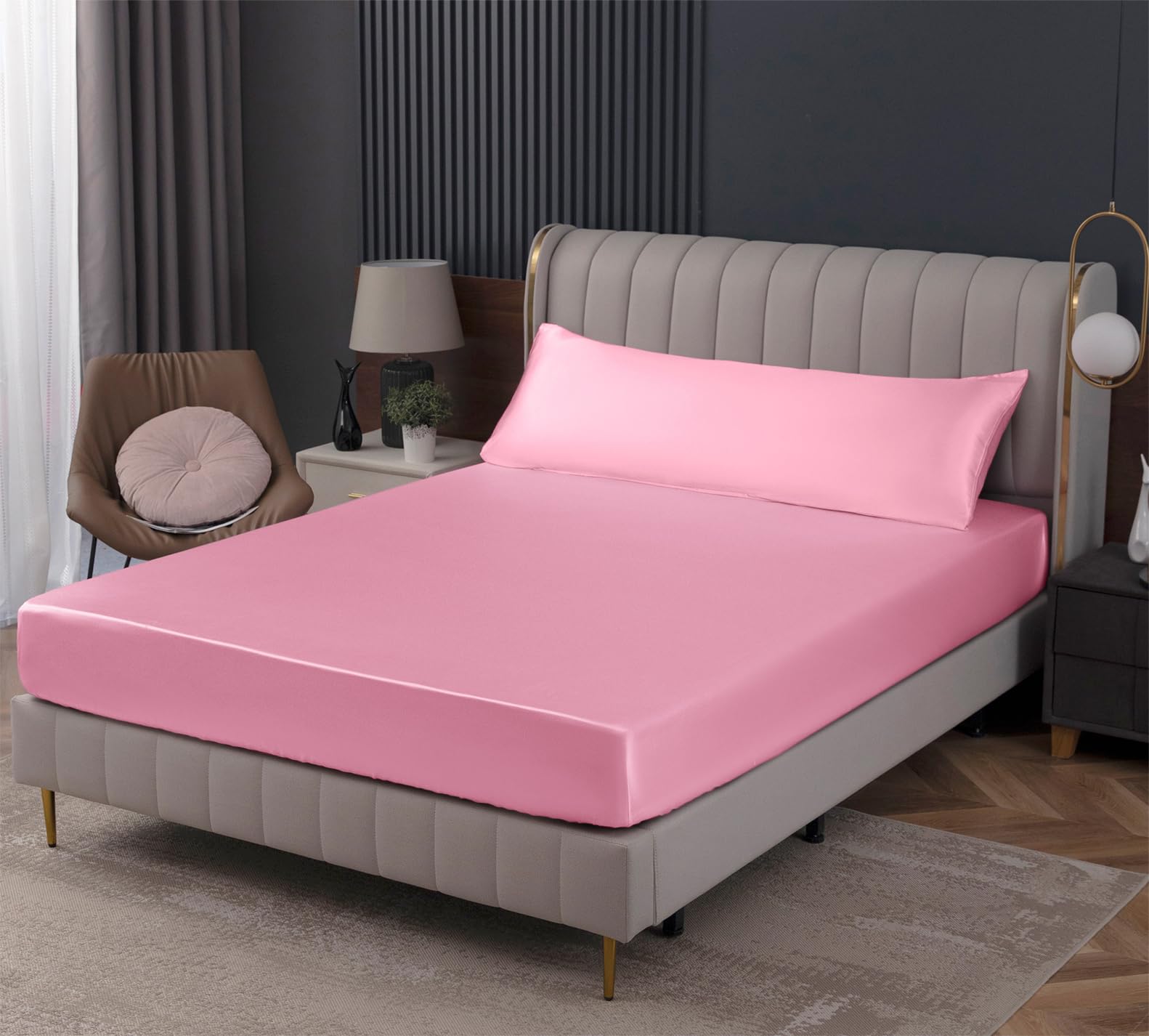 Homiest Pink Satin Fitted Sheet Queen Size Fitted Bed Sheet, Deep Pocket Fitted Sheet Only, Luxury & Ultra Soft Bedding Fitted Sheet Single Bottom Bed Sheets Sold Separately