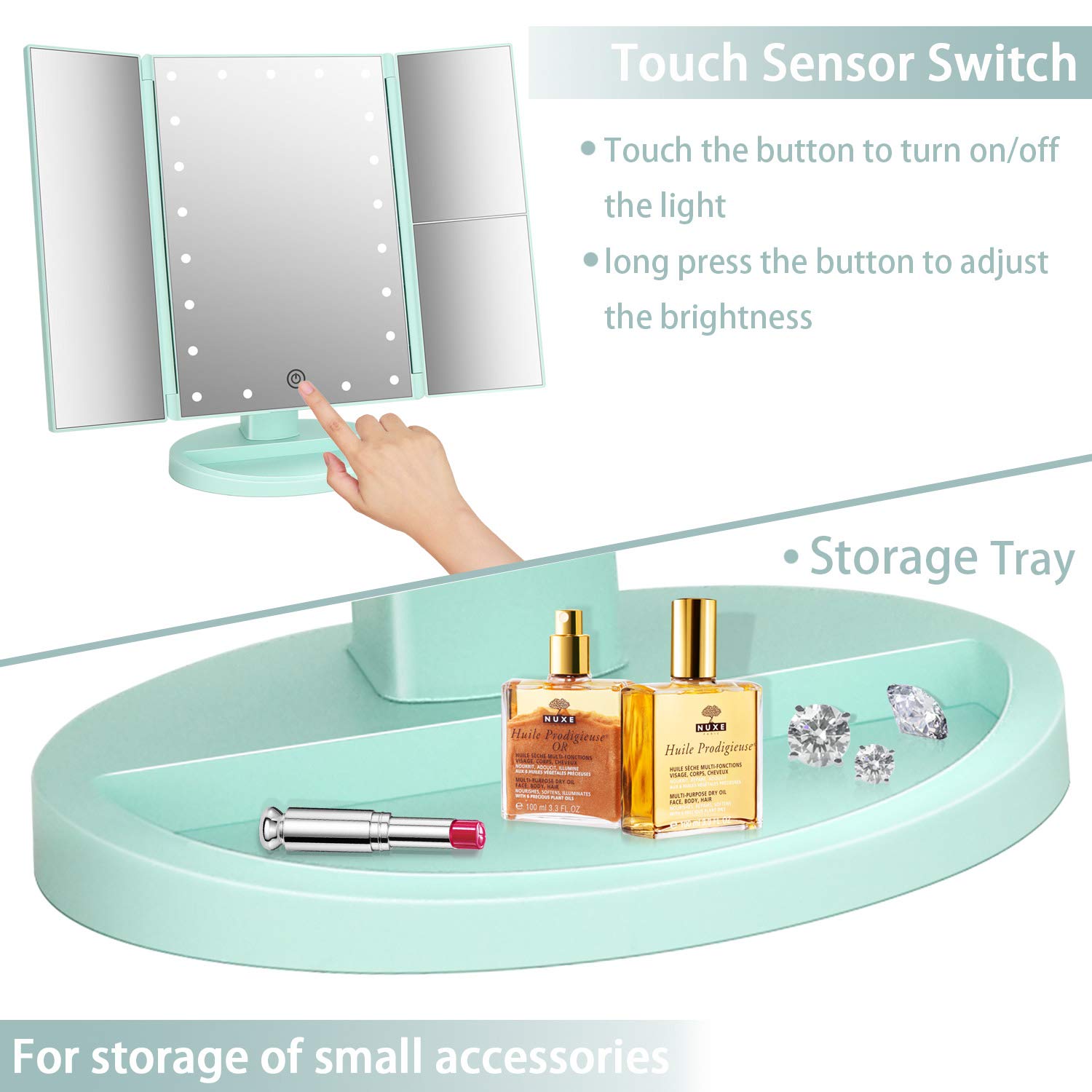 Deweisn Tri-Fold Lighted Vanity Mirror With 21 Led Lights, Touch Screen And 3X/2X/1X Magnification, Two Power Supply Mode Make U