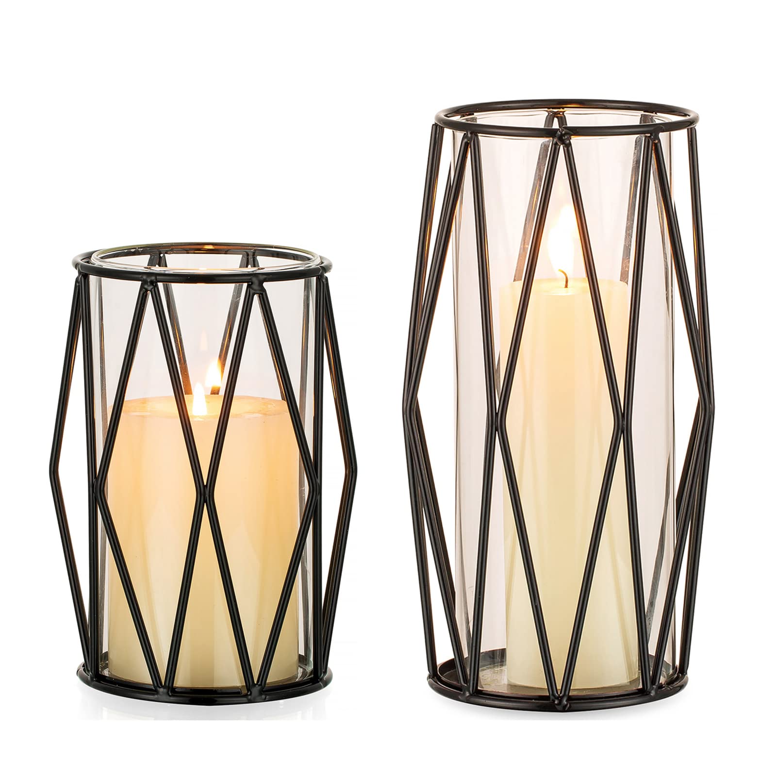 Nuptio Black Pillar Candle Holders - Glass Candles Holder with Geometric Metal Rack Stand for Wedding Birthday Party Centerpiece