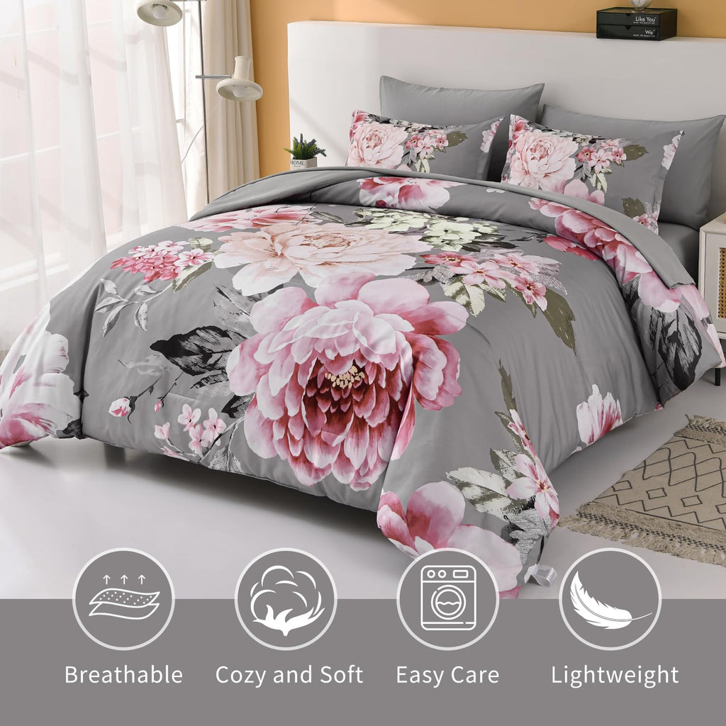 Dintszyayue Grey Comforter Set Queen Size,7 Pieces Pink Floral Print Bed In Bad Elegant Flower Bedding Set Soft Bedding For All