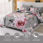 Dintszyayue Grey Comforter Set Queen Size,7 Pieces Pink Floral Print Bed In Bad Elegant Flower Bedding Set Soft Bedding For All