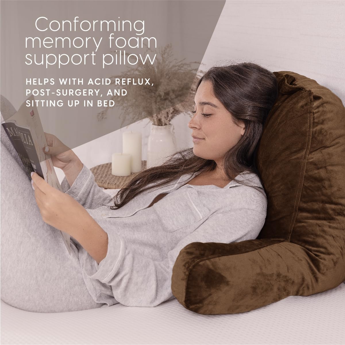Milliard Reading Pillow With Shredded Memory Foam, Large Adult Backrest With Arms, Back Support For Sitting Up In Bed With Washable Cover (Sit Up Pillow) Brown