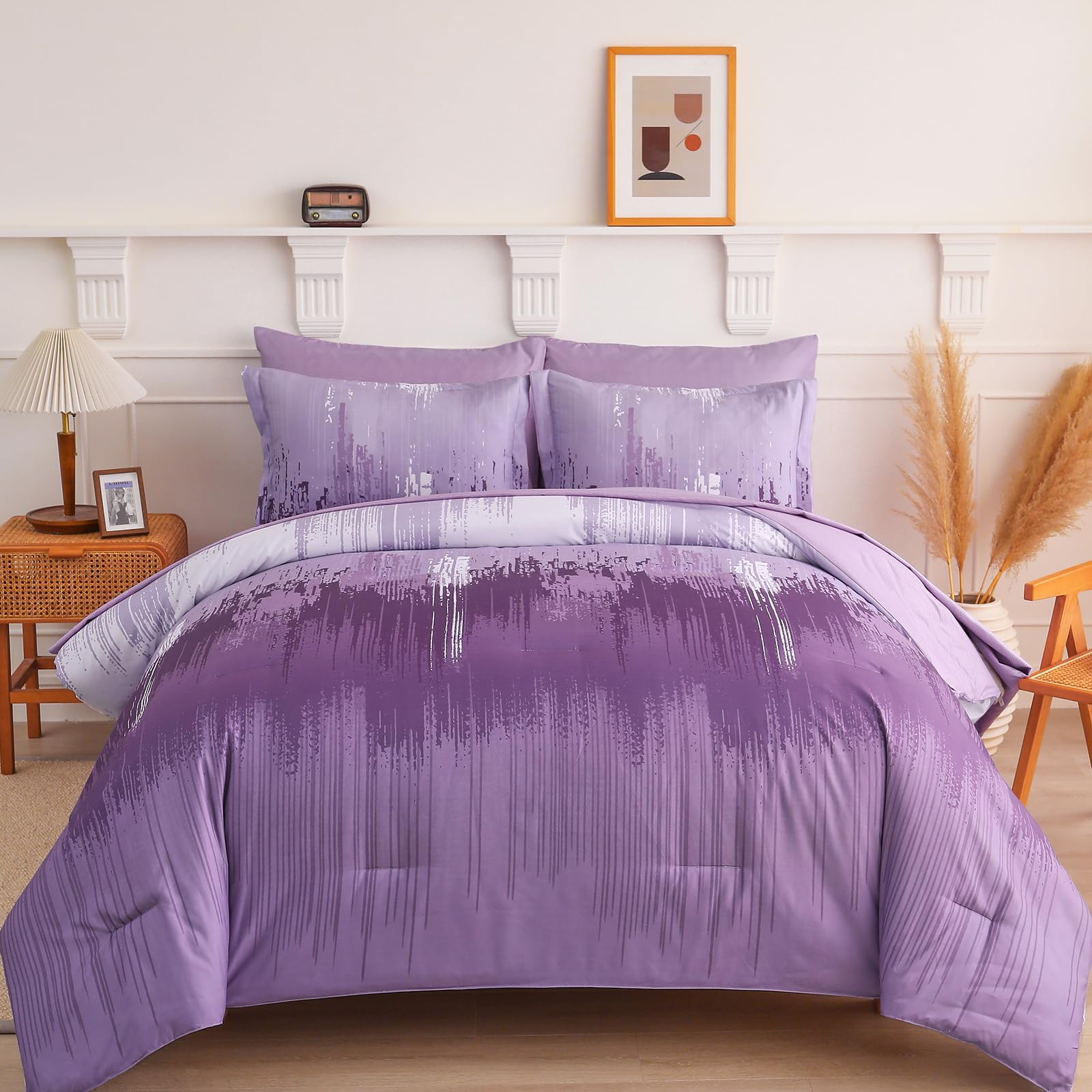 Wongs Bedding Comforter Set King, Ombre Purple 7 Pieces Bed In A Bag Colorful Abstract Art Gradient Comforter Soft Microfiber Be