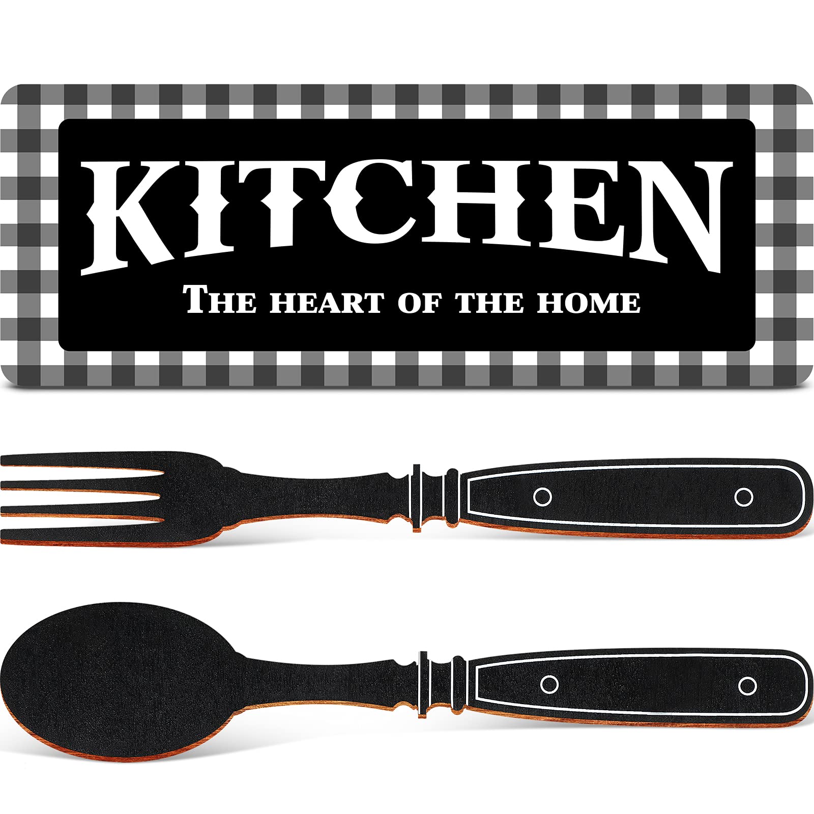 Kitchen Sign Set Kitchen Wall Decor The Heart of The Home Sign Wood Rustic Buffalo Plaid Kitchen Decoration Fork and Spoon Farmh