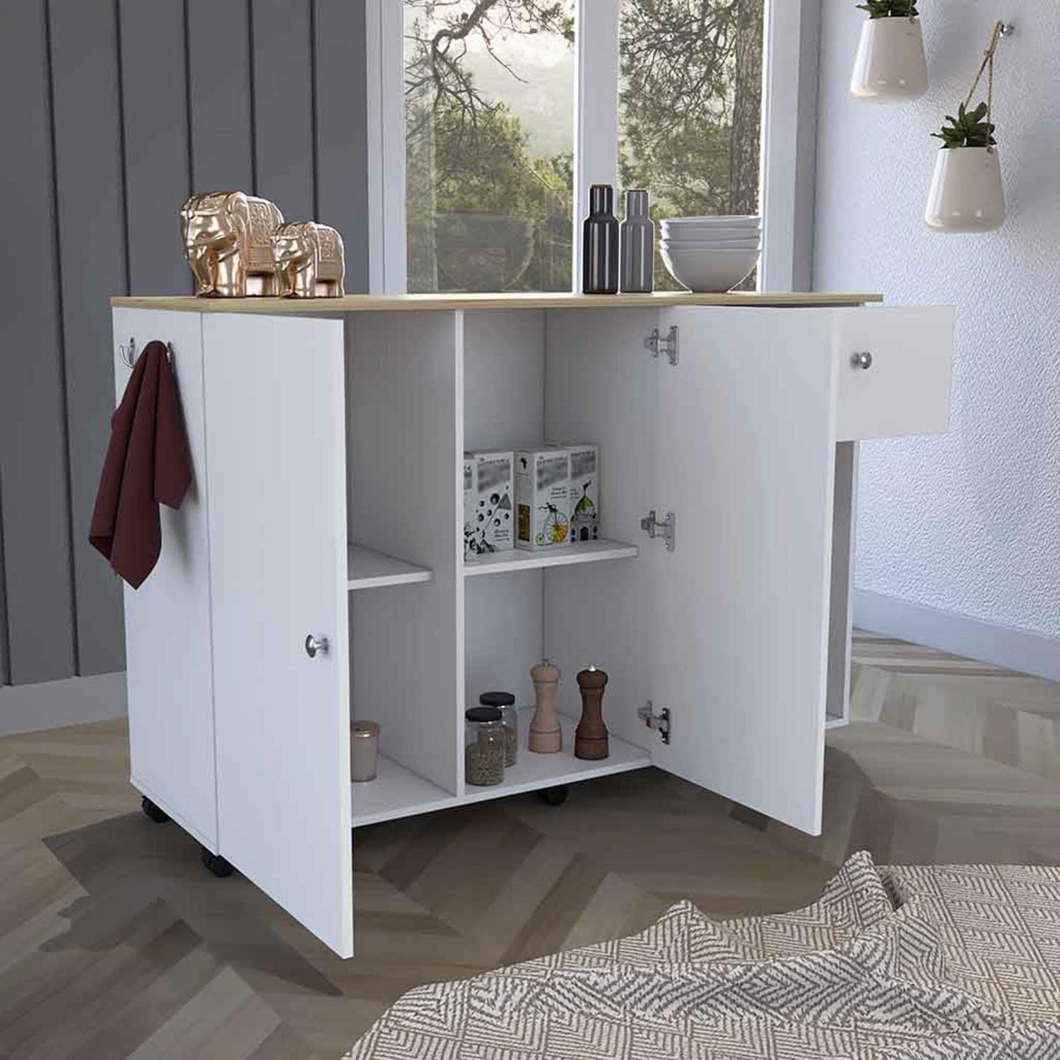 Syros Kitchen Island Cart, 6 Carter, 1 Drawer, Double Door Cabinet, 2 External Shelves, 4 Interior Shelves, White/Pine