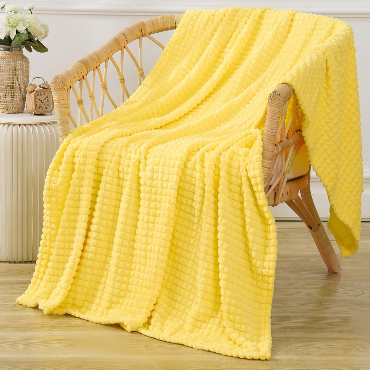 Puncuntex Yellow Throw Blanket 50''  60'',Super Soft Flannel Fleece Plush Cozy Blanket With 3D Jacquard Square Grid Design Luxur