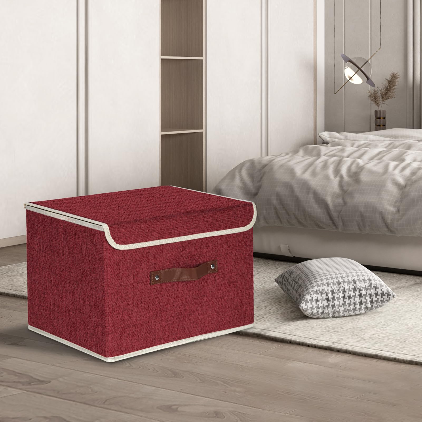 Tyeers Collapsible Storage Boxes, Washable Fabric Storage Bins With Lids, 14.9X9.8X9.8 Inches, 3 Pack, Red Wine
