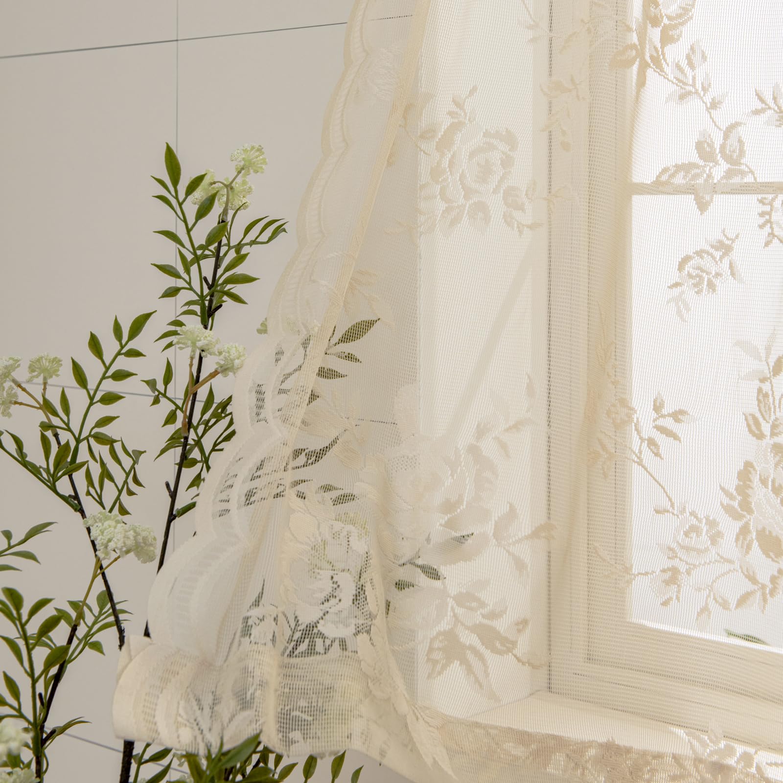 Seekright Beige Lace Cafe Curtains 36 Inch Length Rod Pocket Privacy Sheer Short Kitchen Curtains 2 Panels Set Light Filtering B