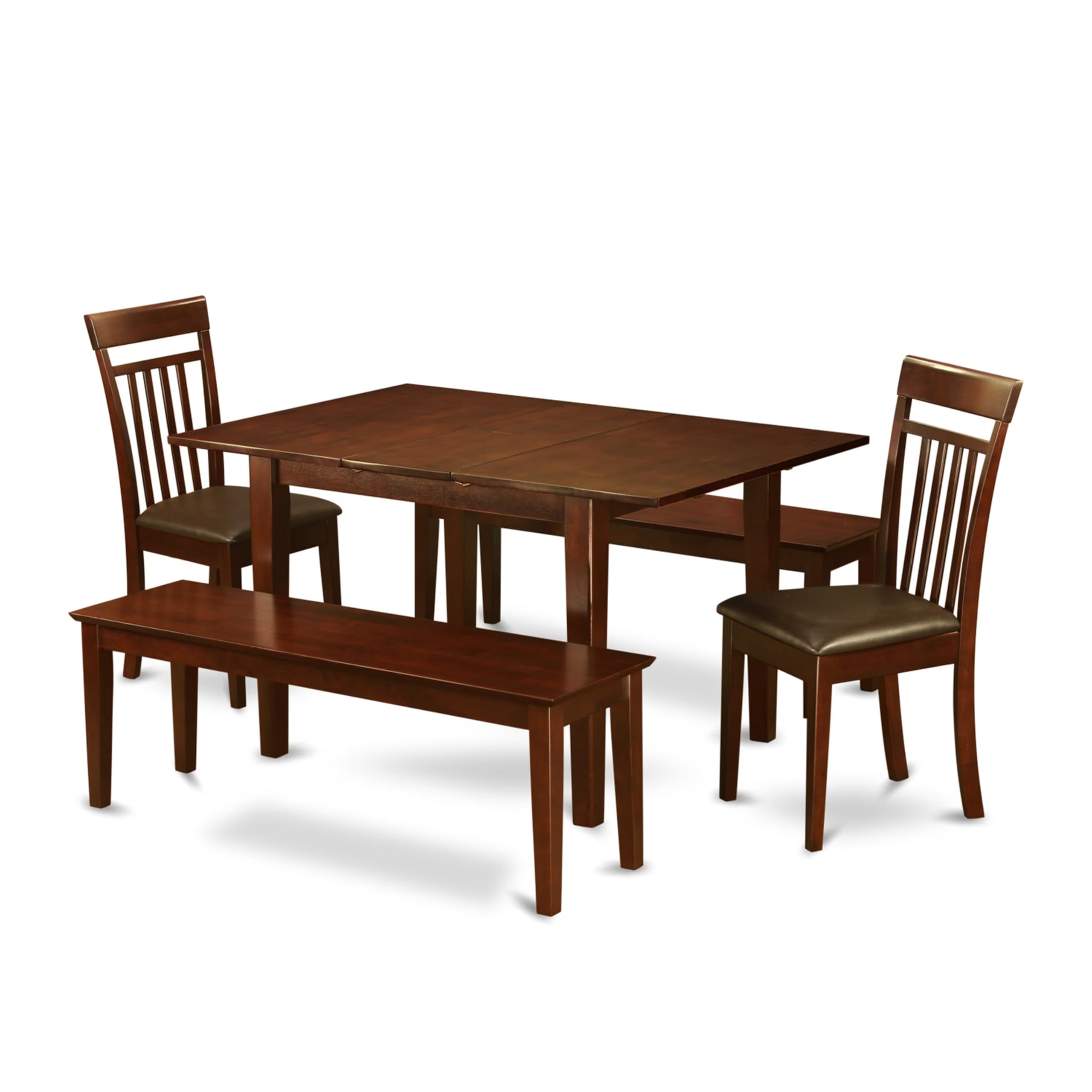 East West Furniture PSCA5C-MAH-LC 5 Piece Dining Table Set Includes a Rectangle Wooden Table with Butterfly Leaf and 2 Faux Leather Dining Chairs with 2 Benches, 32x60 Inch, Mahogany