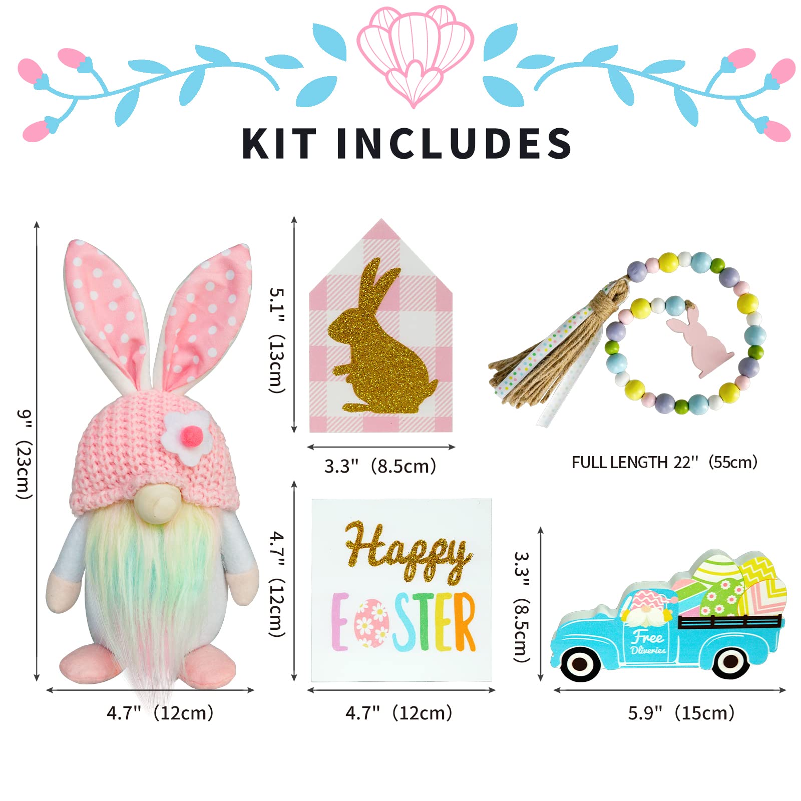 Easter Decorations, 5Pcs Easter Gnome Tiered Tray Decor, 3 Glitter Easter Wood Signs, Truck Full Of Eggs, Easter Bunny Gnome Plu