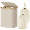 Lifewit 120L Large Laundry Hamper with Lid, Foldable 2 Section Laundry Basket with Bamboo Handles and Removable Bags for Laundry