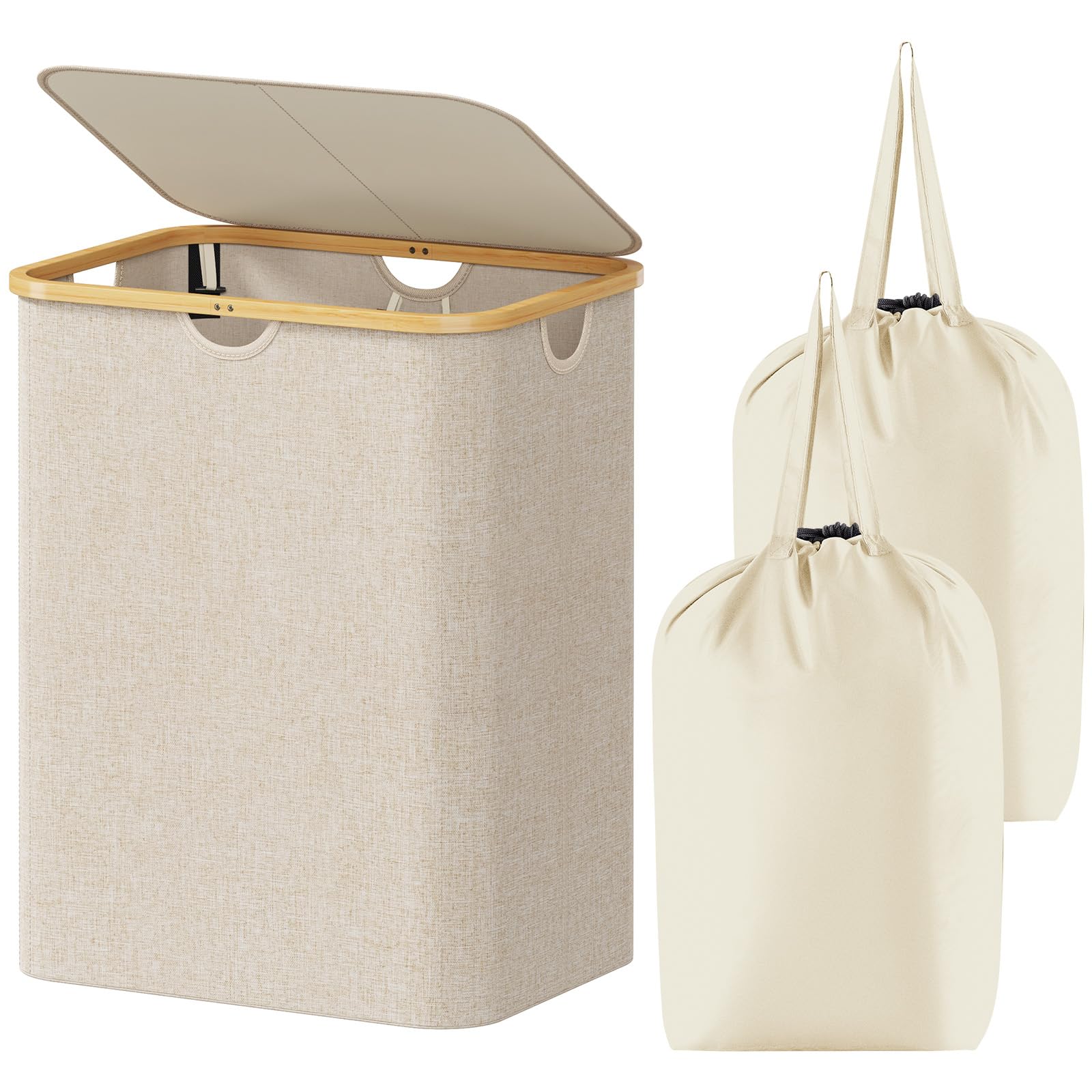 Lifewit 120L Large Laundry Hamper with Lid, Foldable 2 Section Laundry Basket with Bamboo Handles and Removable Bags for Laundry