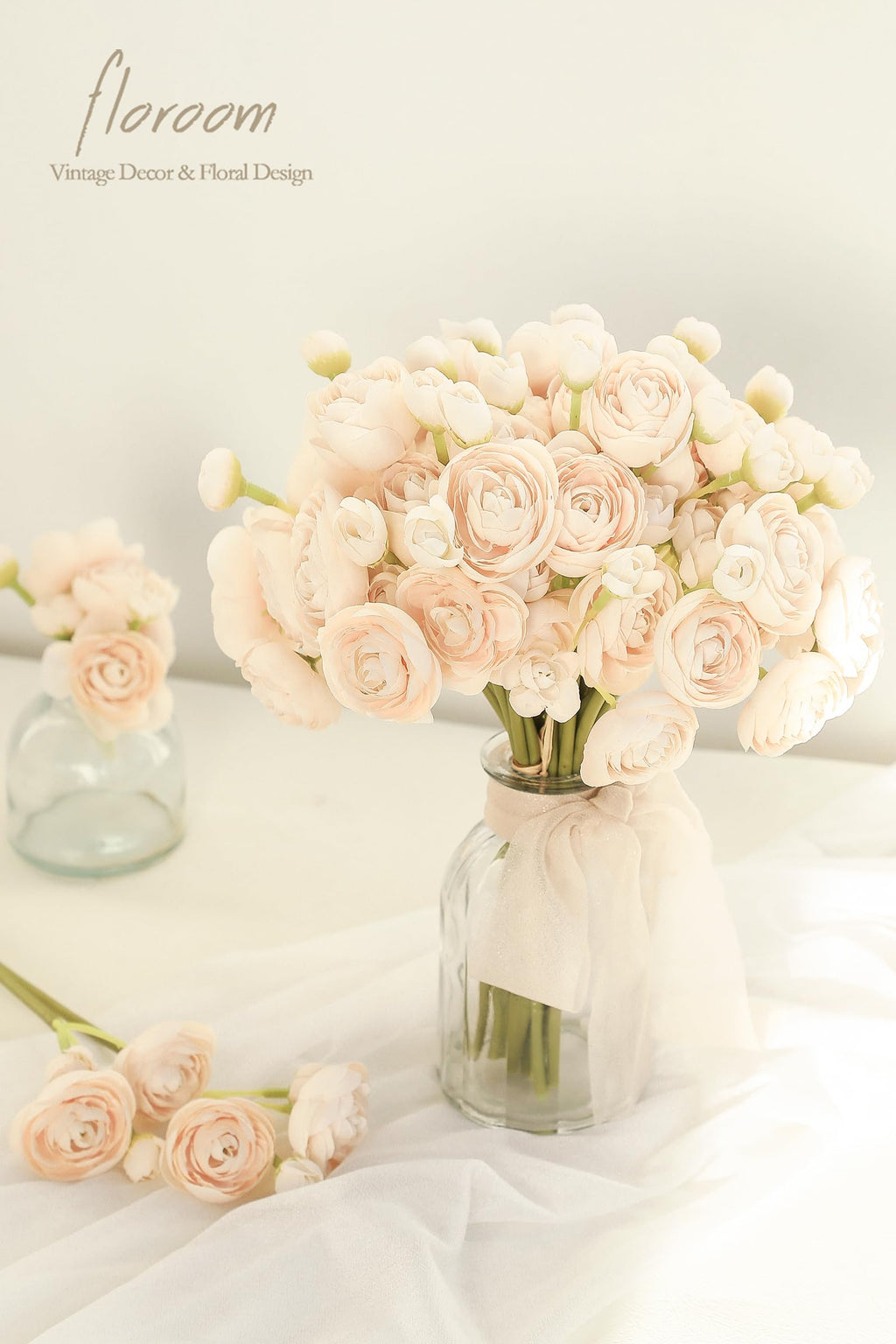 Floroom Ranunculus Artificial Flowers 18 Pcs Champagne Faux Silk Mini Ranunculus Bulk Fake Wedding Filler Flowers For Diy Cream