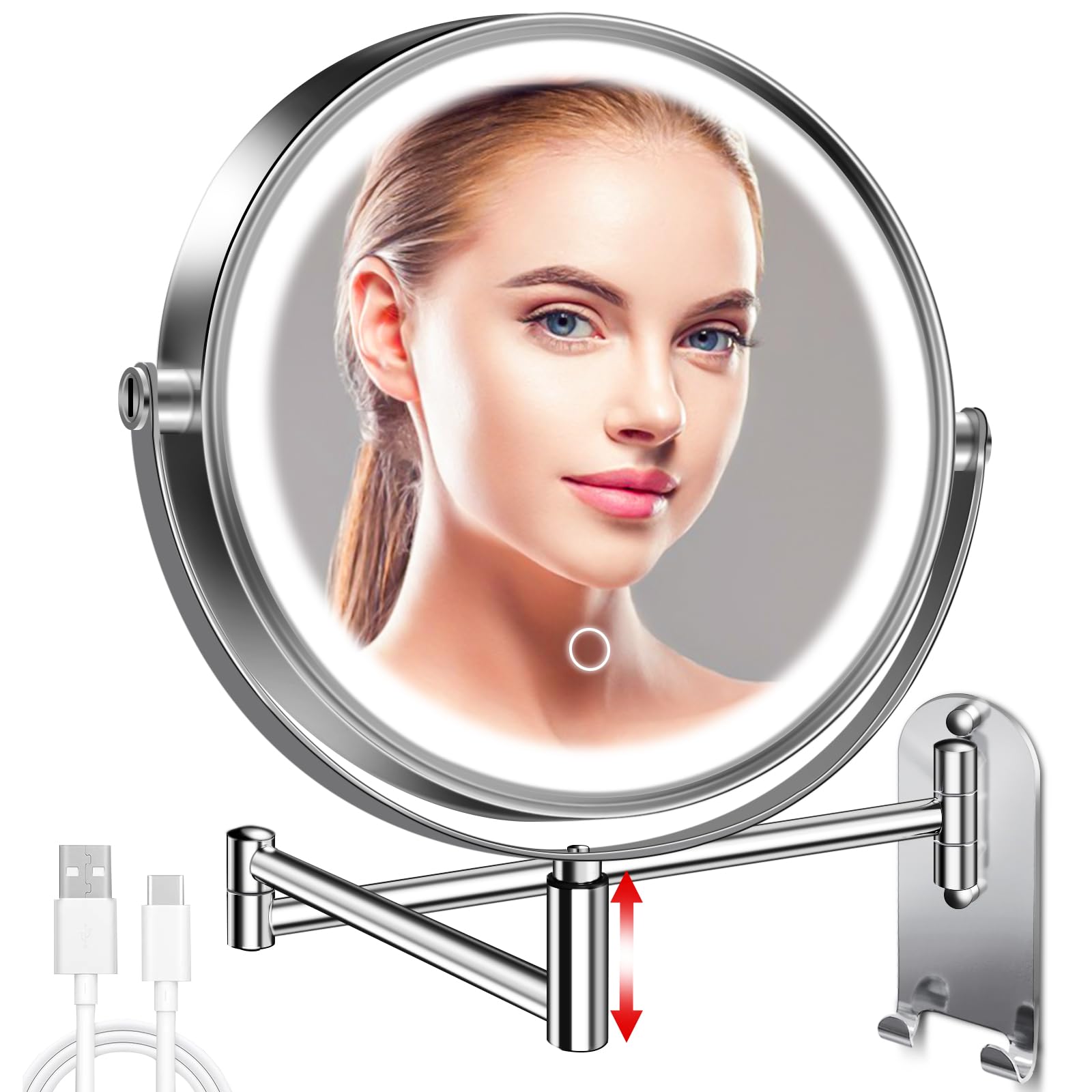 CONLWIN 9' Wall Mounted Lighted Makeup Mirror, 3000mAh Rechargeable Double Sided 1X/10X Magnifying Mirror with Hook,3 Color Lig