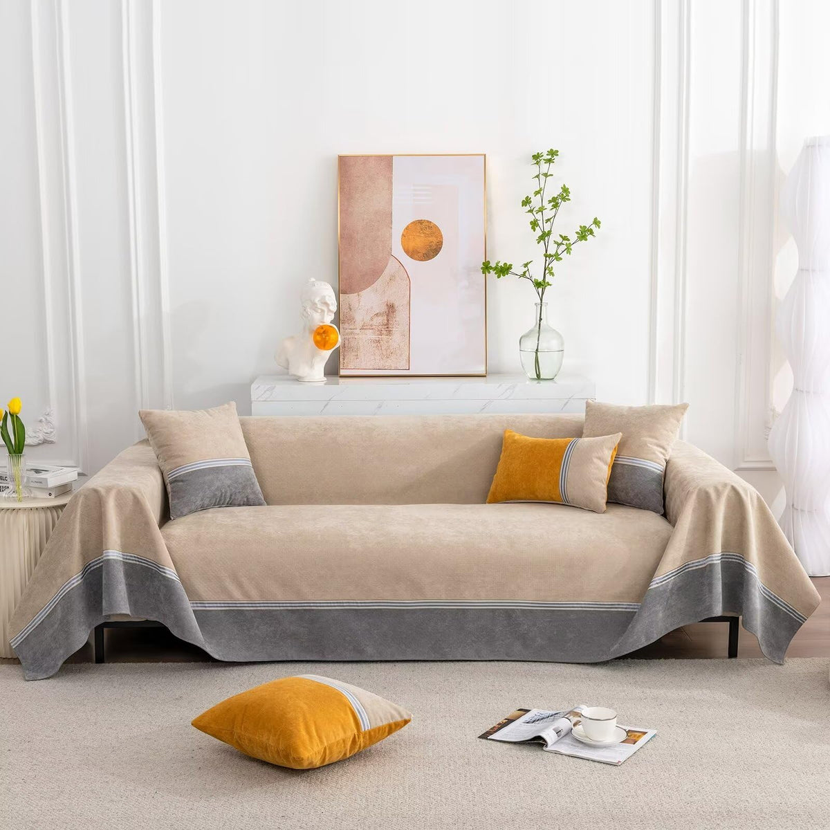 VClife Water Resistant French Terry Couch Cover Modern Beige Tan Gray Patchwork Sofa Slipcover Non Slip Skin-Friendly Solid Colo