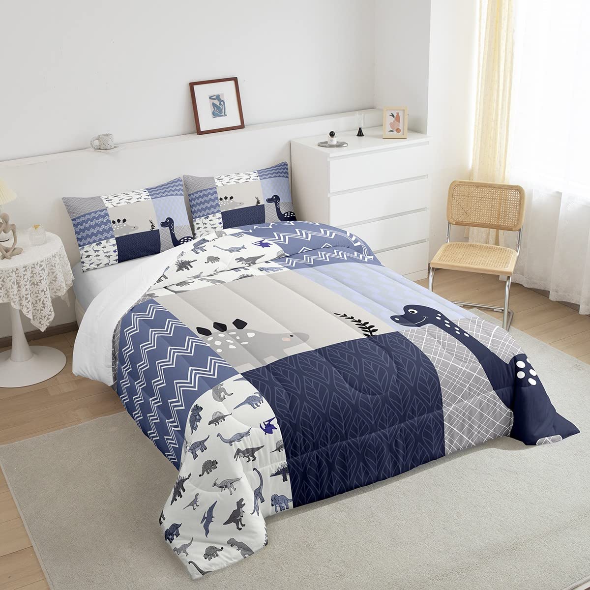 Cute Dinosaur Full Size Comforter Set Blue Gray Grid Bedding Set For Kids Adults Teens Kids Cartoon Animals Comforter Luxury Waves Stripes Quilt Set Room Decor 3Pcs