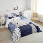 Cute Dinosaur Full Size Comforter Set Blue Gray Grid Bedding Set For Kids Adults Teens Kids Cartoon Animals Comforter Luxury Waves Stripes Quilt Set Room Decor 3Pcs