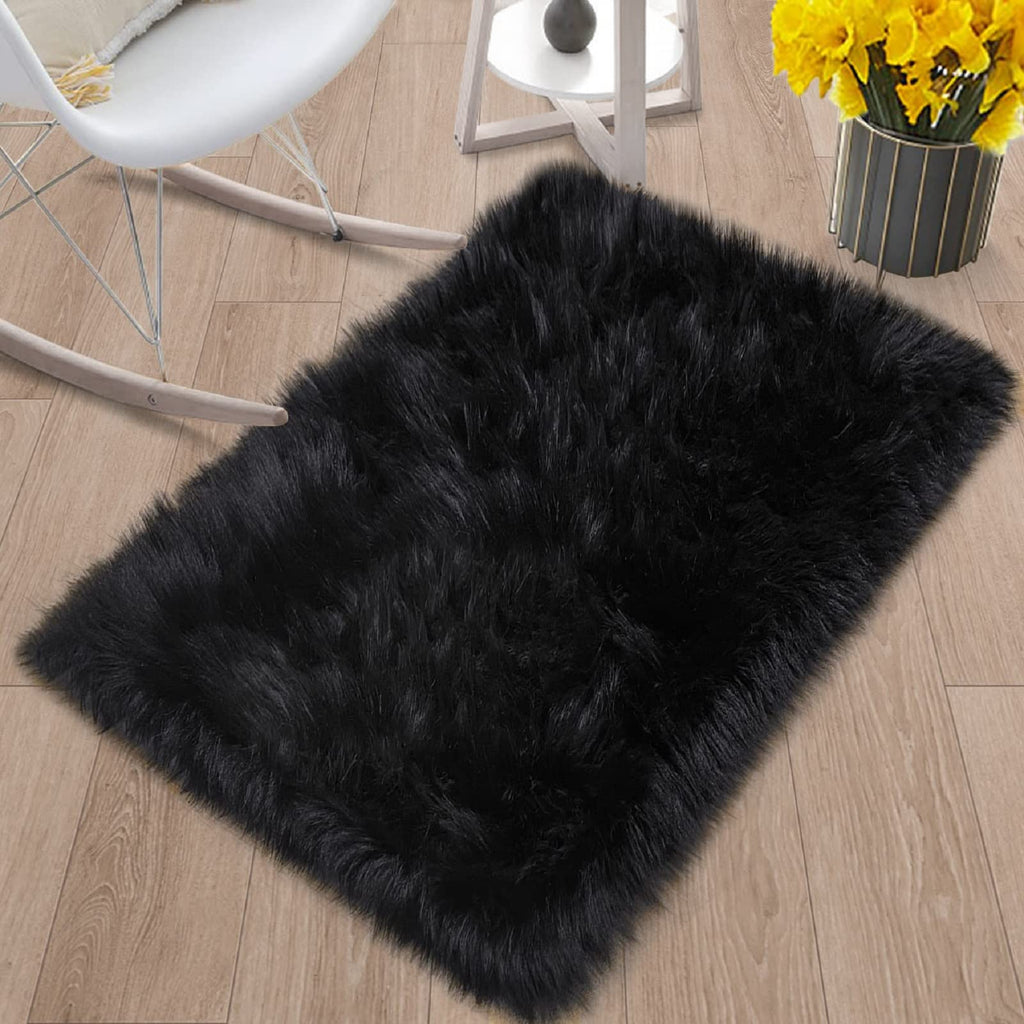 ORINOVA Black Faux Sheepskin Washable Fluffy Fur Area Rugs for Bedroom Small Fuzzy Carpet for Living Room 2x3 Boho Nursery Rug