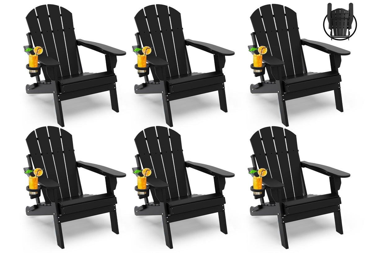 Greenvines Folding-Adirondack-Chairs-Set-Of-6 | Hdpe Plastic | Fire Pit Chair | All Weather | Cup Holder | Black | For Deck Backyard Patio Outdoor Garden