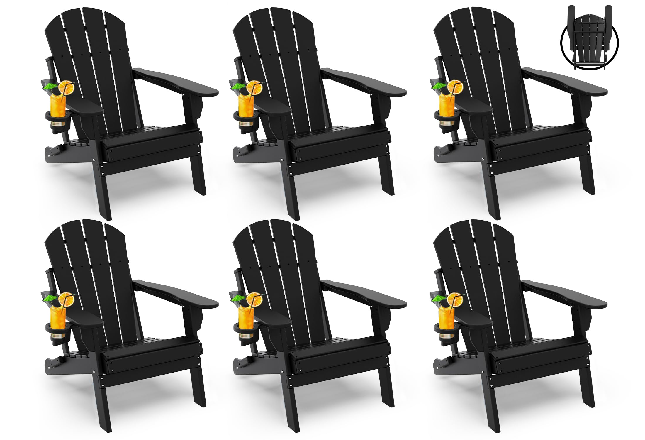 Greenvines Folding-Adirondack-Chairs-Set-Of-6 | Hdpe Plastic | Fire Pit Chair | All Weather | Cup Holder | Black | For Deck Backyard Patio Outdoor Garden