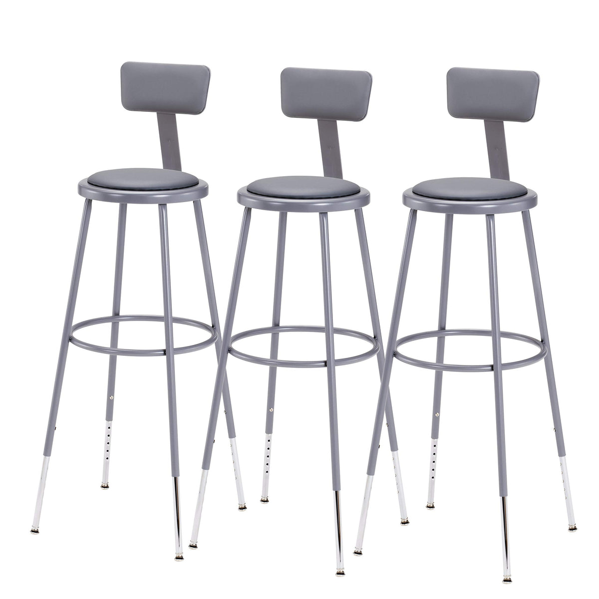 National Public Seating (Pack of 3) NPS® 32&quot;-39&quot; Height Adjustable Heavy Duty Vinyl Padded Steel Stool with Backrest, Grey