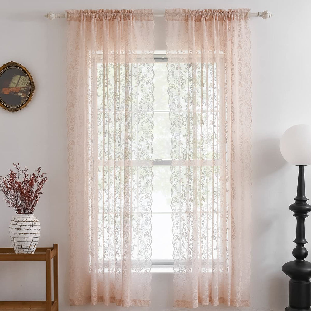 Finecity Blush Lace Curtains 96 Inches Long - Country Rustic Branch Floral Lace Sheer Curtains 2 Panels Set For Living Room, Pri